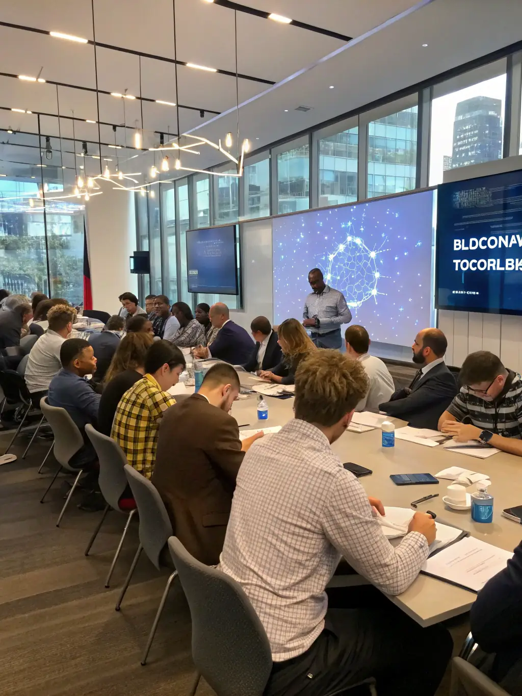 A photograph of a diverse group of tech professionals collaborating during a workshop at a blockchain conference in Pretoria, South Africa. The image should emphasize the collaborative nature of the event.