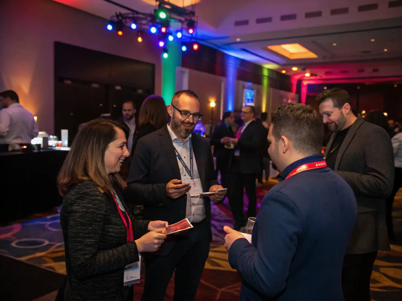 An image of a networking session at a Durban tech conference, with attendees exchanging ideas and business cards. The atmosphere is lively and collaborative, reflecting the spirit of innovation.