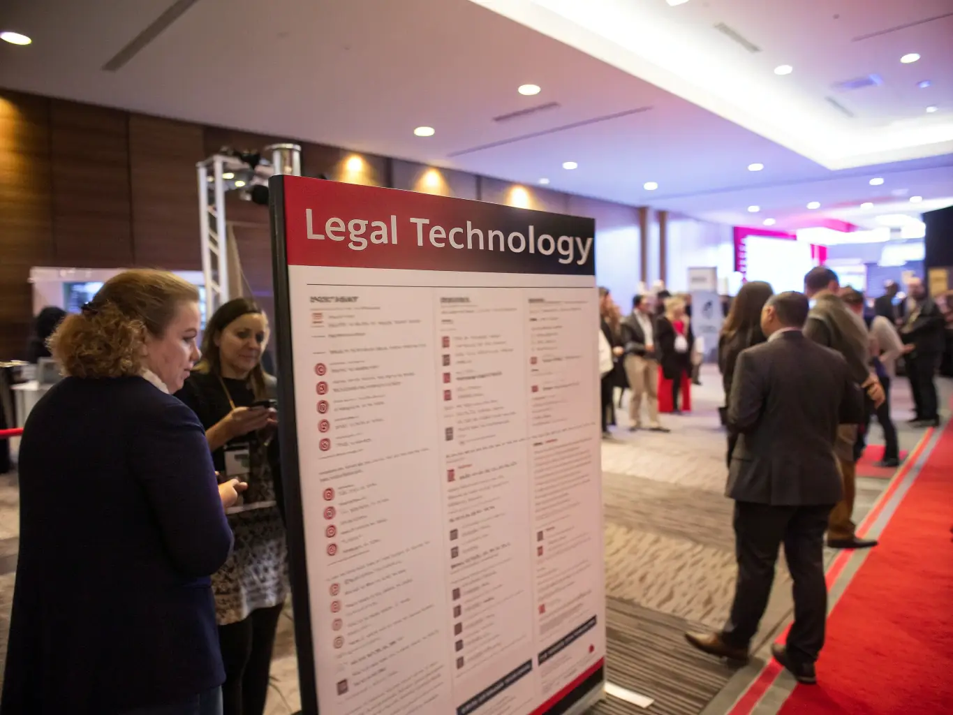 A photograph of a conference agenda displayed on a large screen, highlighting the day's key events and speaker sessions, with attendees consulting their personal schedules in the foreground.
