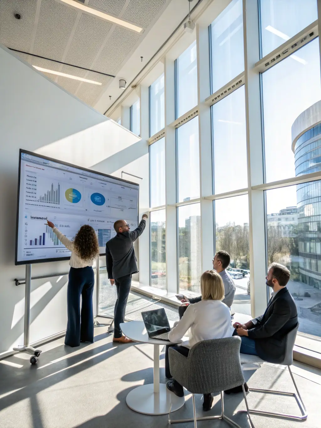 A photograph of a modern office building in Durban, South Africa, with a focus on a digital transformation conference taking place inside. The image should convey the importance of technology in business.
