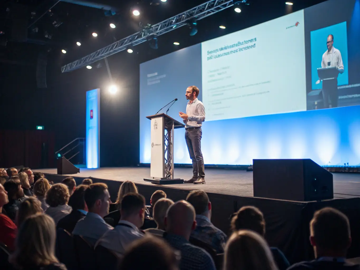 A photograph capturing the energy of a past tech conference in Johannesburg, South Africa, featuring a keynote speaker addressing a diverse audience. The image should convey innovation and engagement.