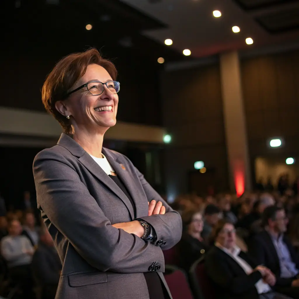 A professional headshot of a smiling woman with short brown hair, wearing a business suit, standing in front of a blurred background of a tech conference.