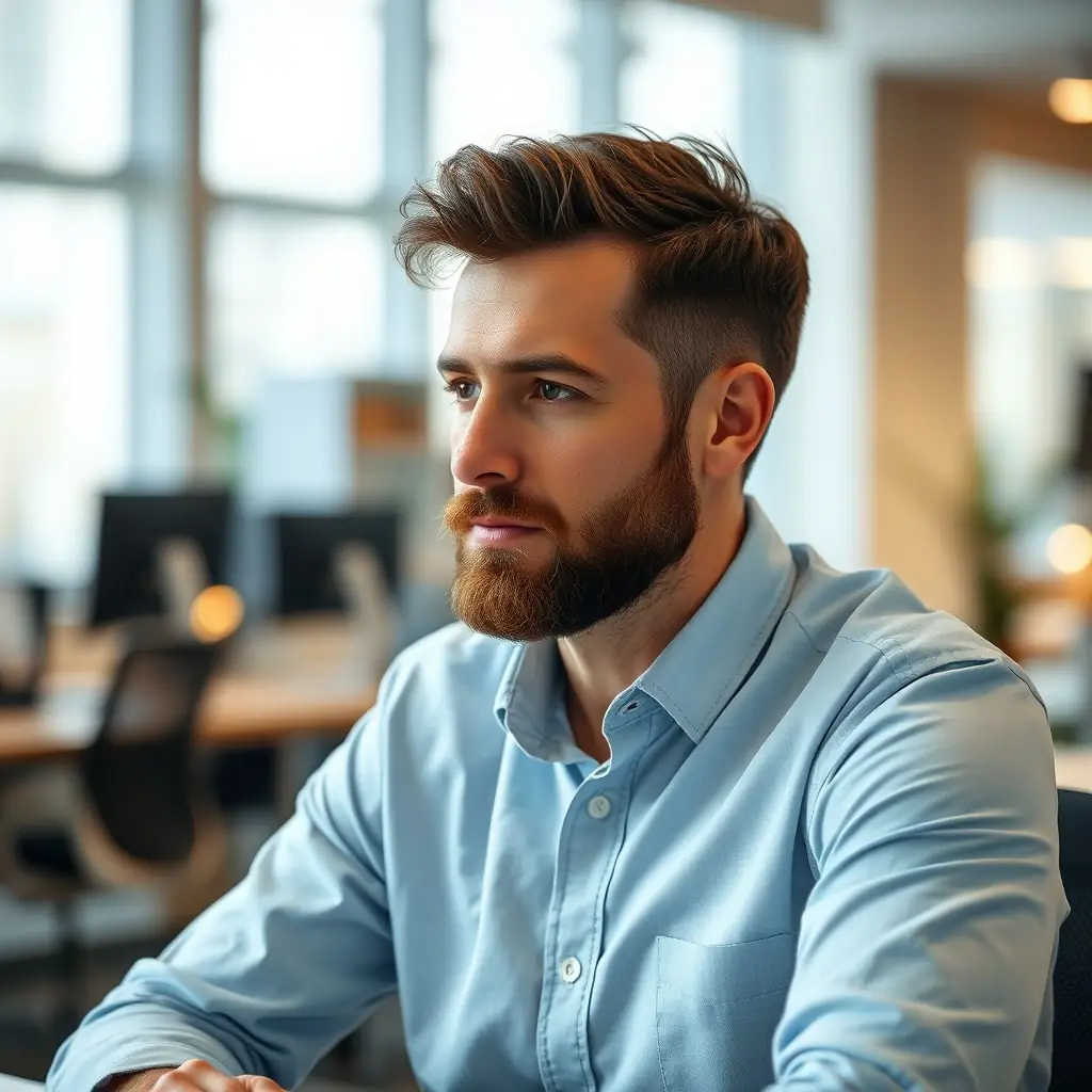 A professional headshot of a man with glasses and a beard, wearing a casual shirt, sitting in a modern office.